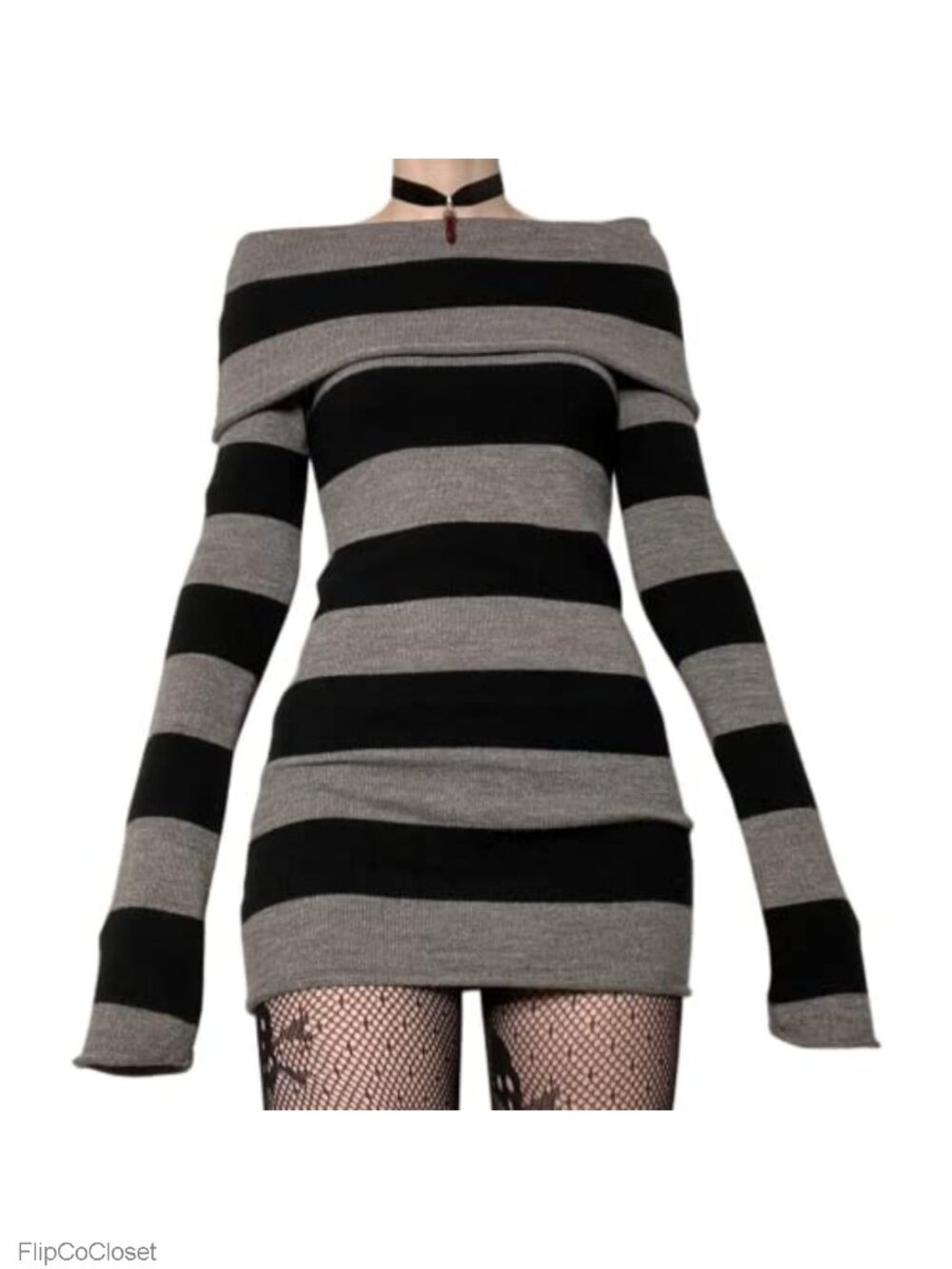 Striped Off Shoulder Long Sleeve Bodycon Y2K Sweater Dress
